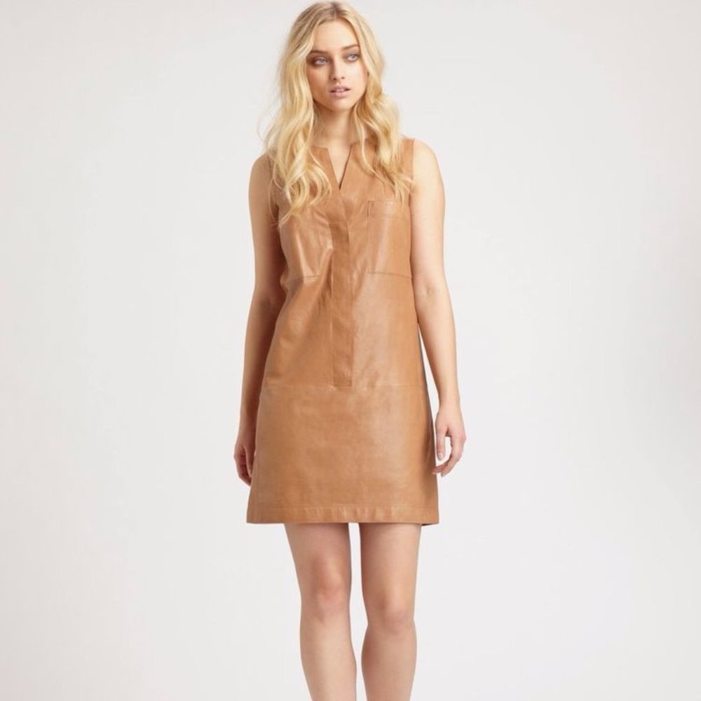 Vince Brown Leather Snap Shift Dress Size 2